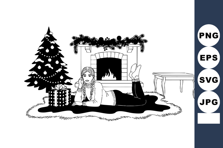 Woman Relaxing By Fireplace With Christmas Tree