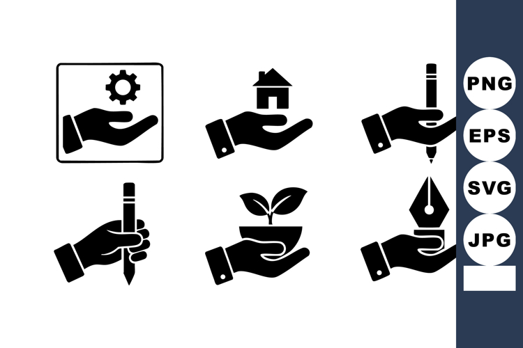 Hand Holding Icons Home Gear Plant Pen