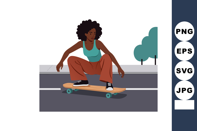 Woman skateboarding on street in casual outfit with tree bac