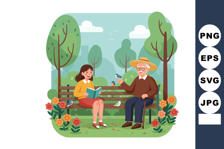 Elderly man and young woman feeding birds on park bench in s
