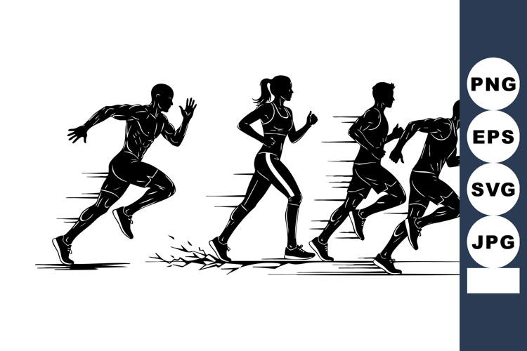 Silhouette Four Runners Sprinting Athletic Motion