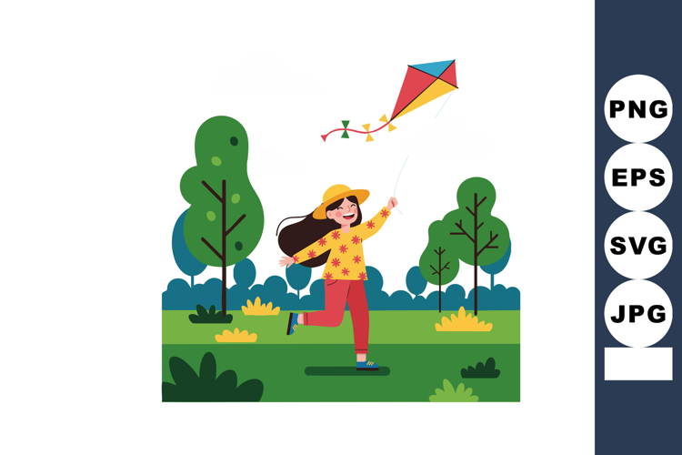 Girl Running Flying Colorful Kite in Park with Green Trees a