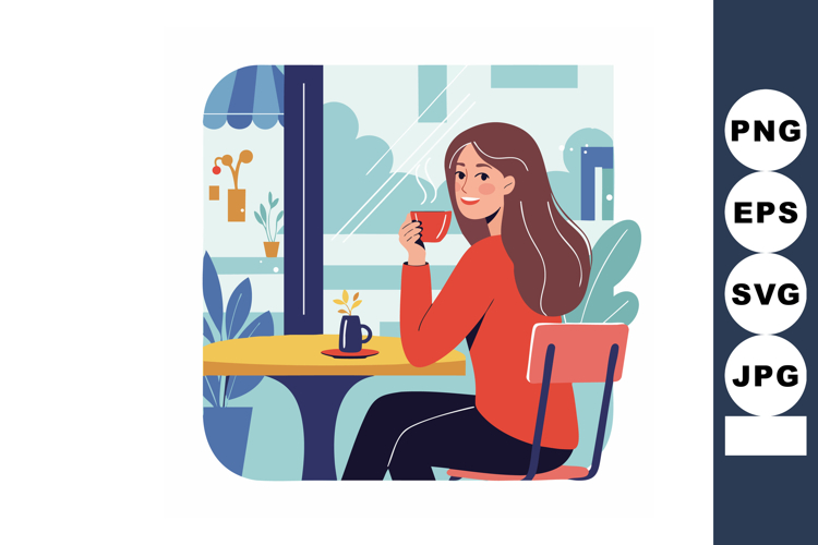 Woman enjoying coffee in cafe with large window and indoor p
