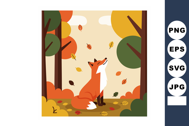 Fox Sitting in Autumn Forest with Falling Leaves and Colorfu