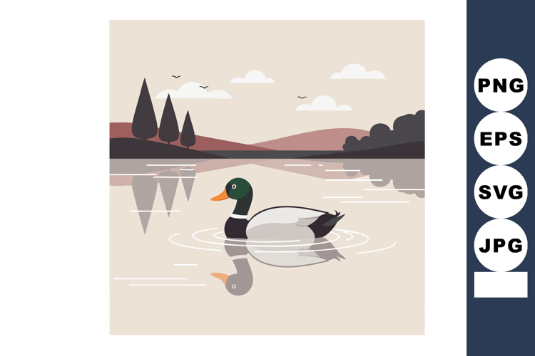 Mallard Duck Swimming on Calm Lake with Trees and Hills Land