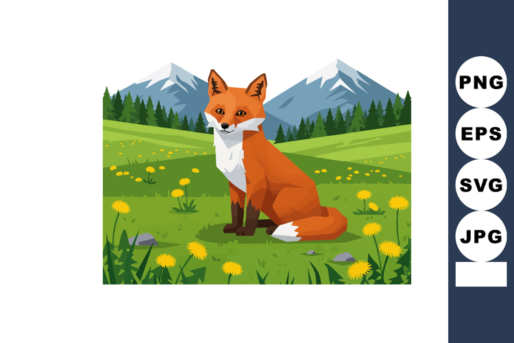 Fox in green meadow with dandelions and mountain landscape v