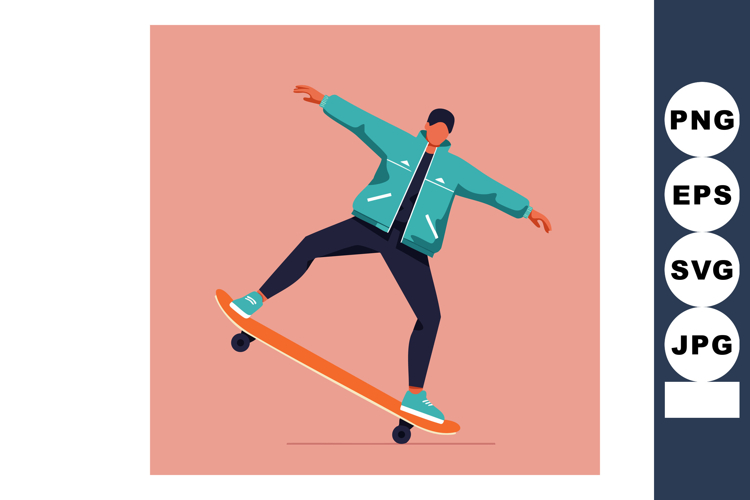 Young man performing skateboard trick in teal jacket on peac