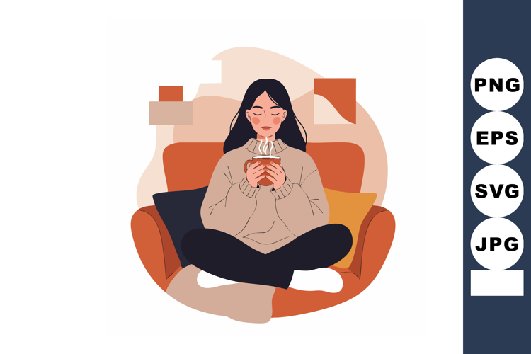 Woman enjoying warm drink relaxing in cozy chair indoors wit