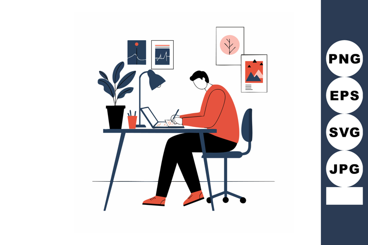Man working at desk with laptop and plant in modern office v