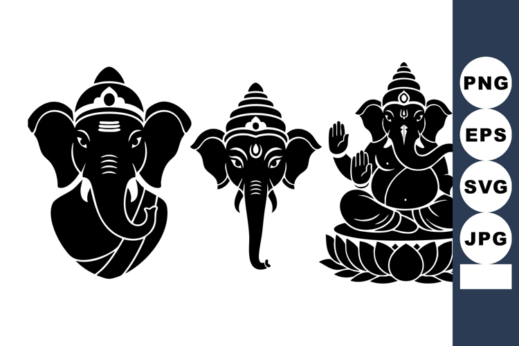 Hindu God Ganesha Silhouette Vector Set with Lotus