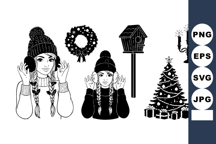 Winter Girl with Earmuffs and Christmas Decorations