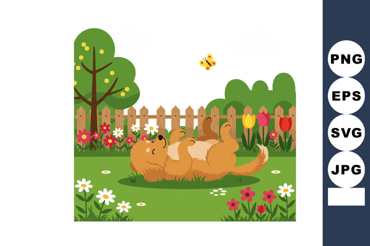 Happy brown dog playing in green garden with flowers and but example image 1