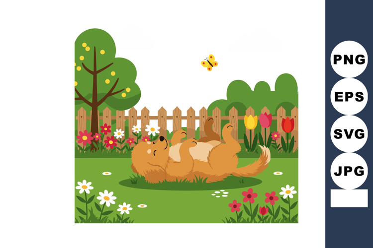 Happy brown dog playing in green garden with flowers and but