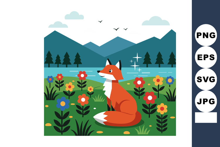Fox sitting in colorful flower field with lake and mountains