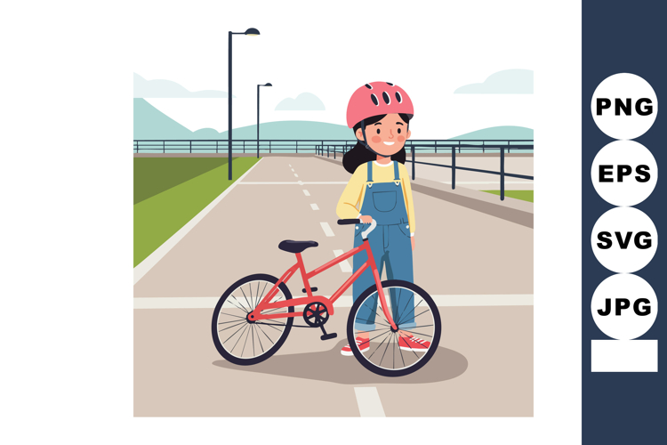 Girl with red bicycle wearing helmet on outdoor urban pathwa