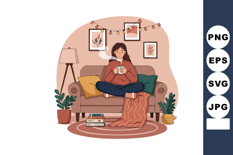 Woman Relaxing at Home on Sofa with Hot Drink and Cozy Blank
