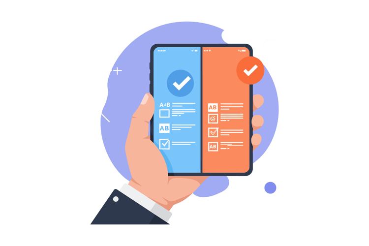 Hand holding smartphone with split screen showing blue and o