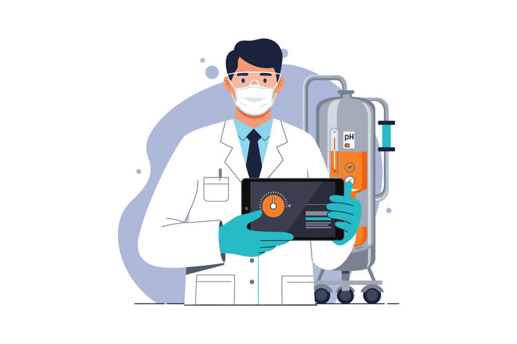 Male scientist in white lab coat with protective gloves and example image 1