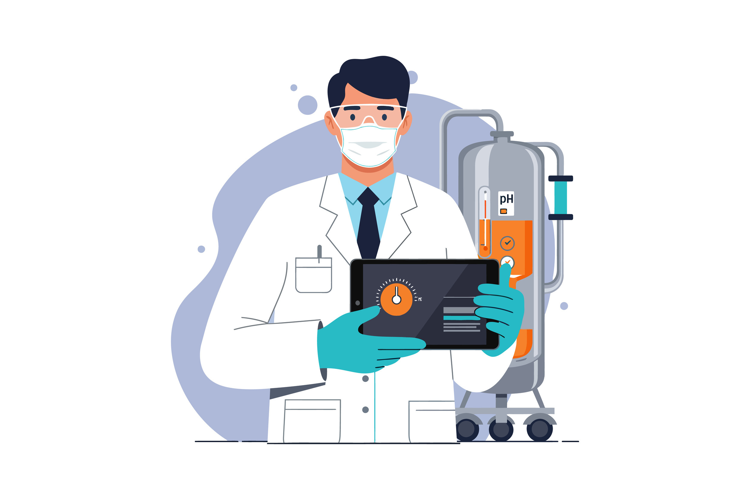 Male scientist in white lab coat with protective gloves and