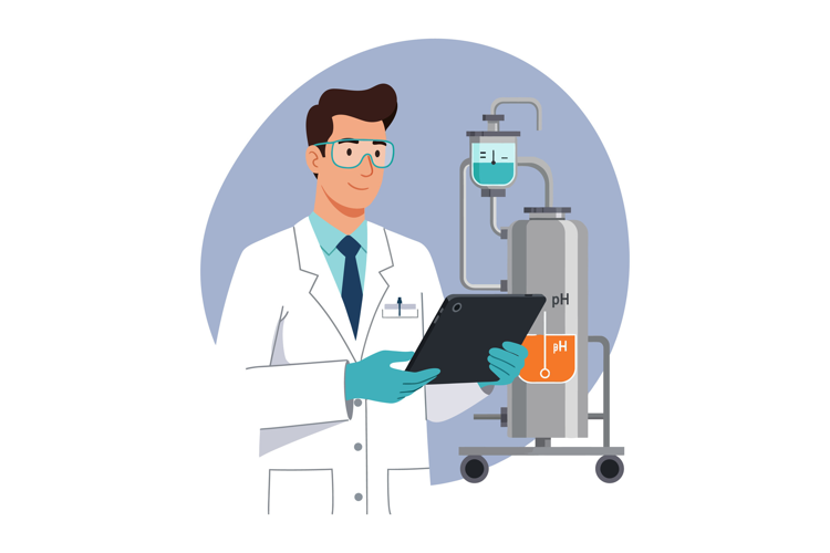 Male scientist in white lab coat checking pH level on digita