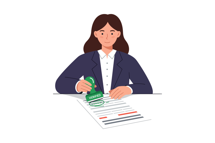 Businesswoman stamping verified approval on document flat st