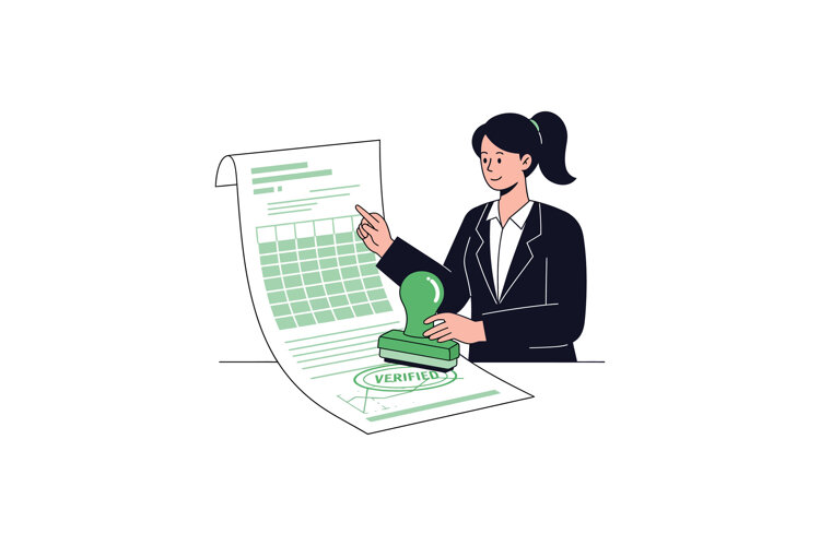 Businesswoman in formal suit stamping verified document with example image 1