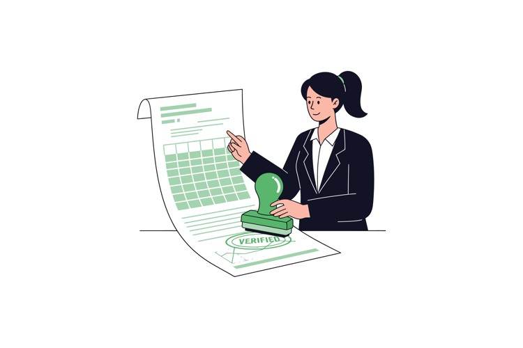 Businesswoman in formal suit stamping verified document with