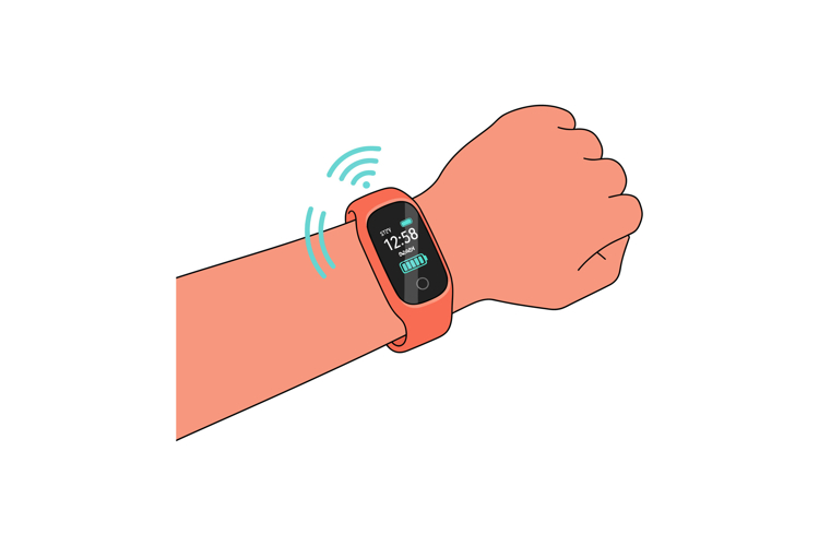 Smart fitness tracker wristband on human arm with digital di