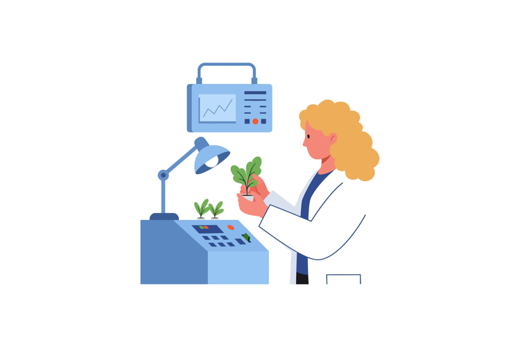 Female scientist examining green plant samples in laboratory