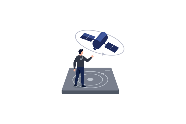 Man interacting with satellite orbiting above flat technolog