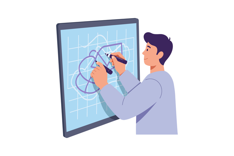 Young man drawing heart shape on digital screen with grid in