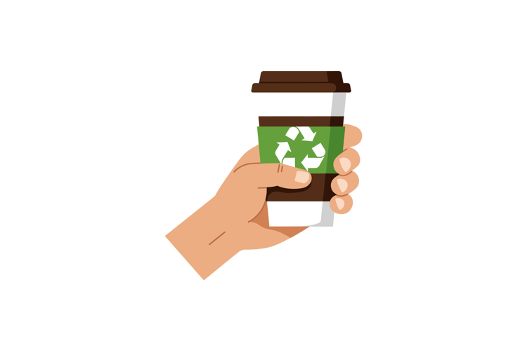 Hand holding eco friendly coffee cup with recycling symbol f