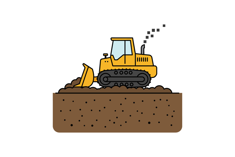 Yellow bulldozer pushing dirt with black tracks in flat styl