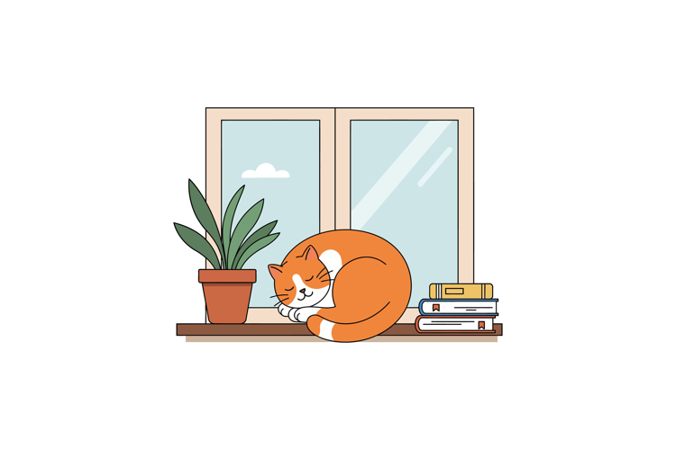 Orange and white cat sleeping curled on windowsill with pott