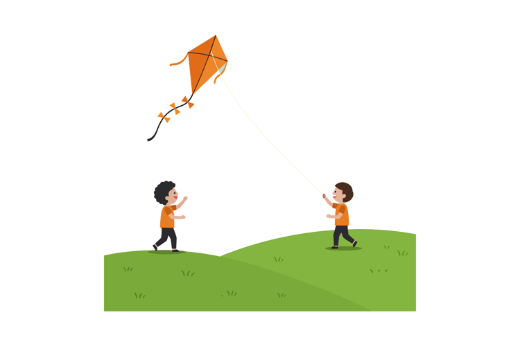 Two children flying orange kite on green hill outdoors flat