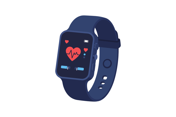 Dark blue smartwatch with heart rate monitor and icons in fl