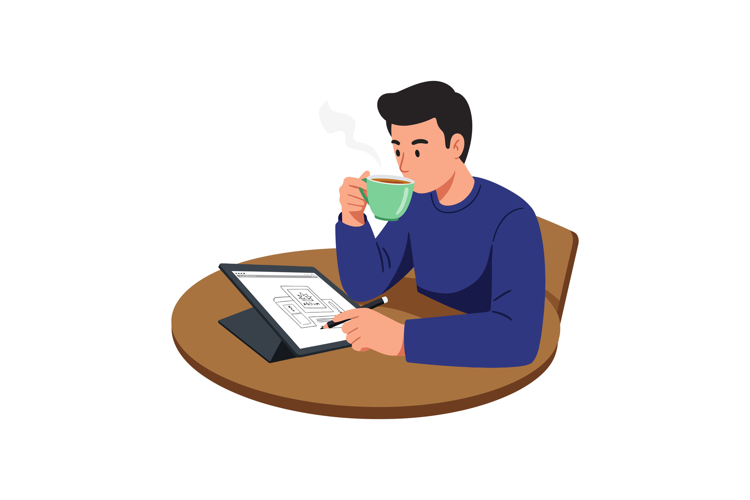 Young man drinking hot beverage while working on tablet digi