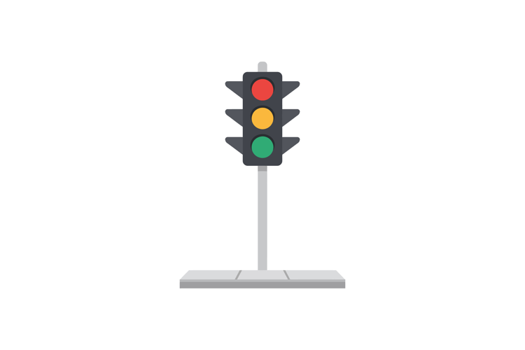 Traffic light with red yellow and green signals on pole in f