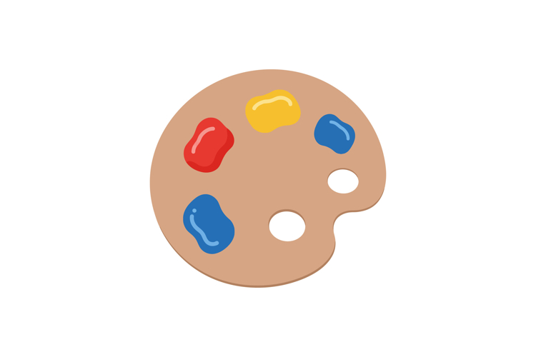 Artist paint palette with colorful paint blobs in flat minim