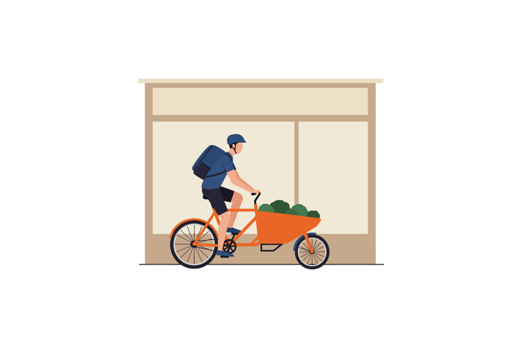 Cargo bicycle delivery man riding with backpack and green pr