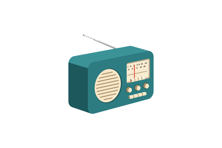 Retro vintage teal radio with antenna and tuning knobs flat