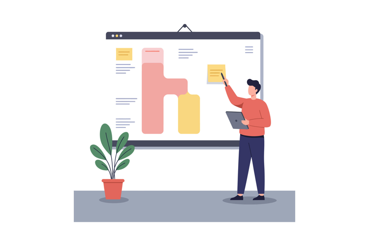 Man presenting data on chart with laptop in minimal flat sty
