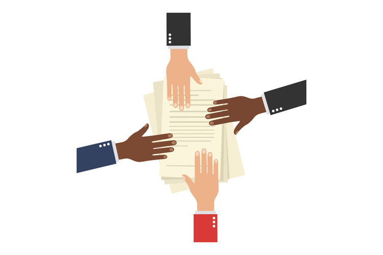 Diverse hands exchanging documents business cooperation flat