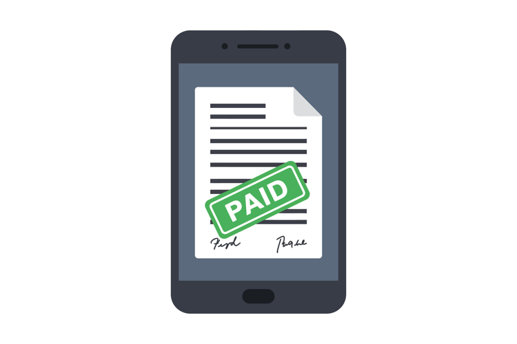Smartphone displaying signed document with green paid stamp