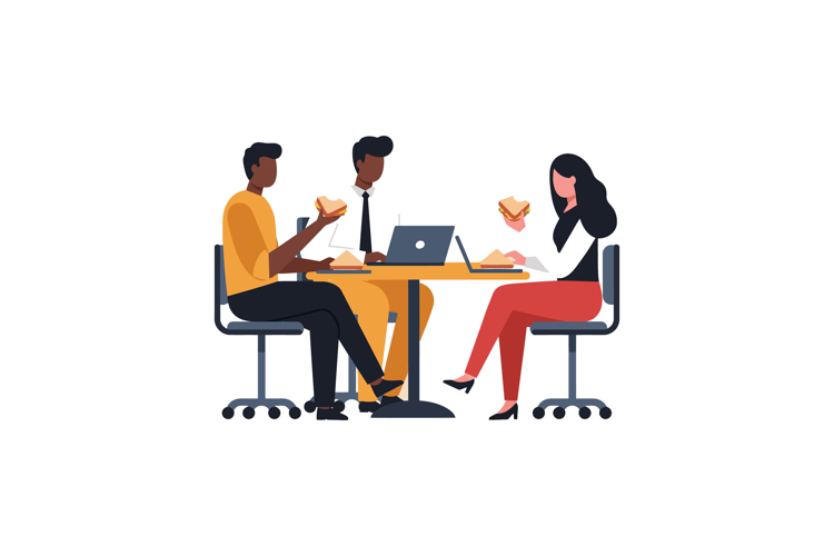 Three diverse coworkers eating sandwiches and working on lap