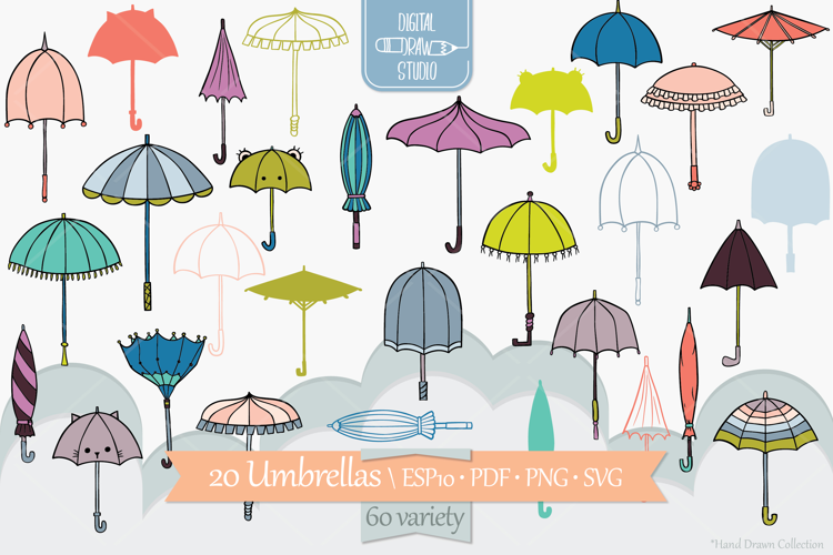 Umbrella Color | Hand Drawn Vintage Beach Parasol, Rainy Day