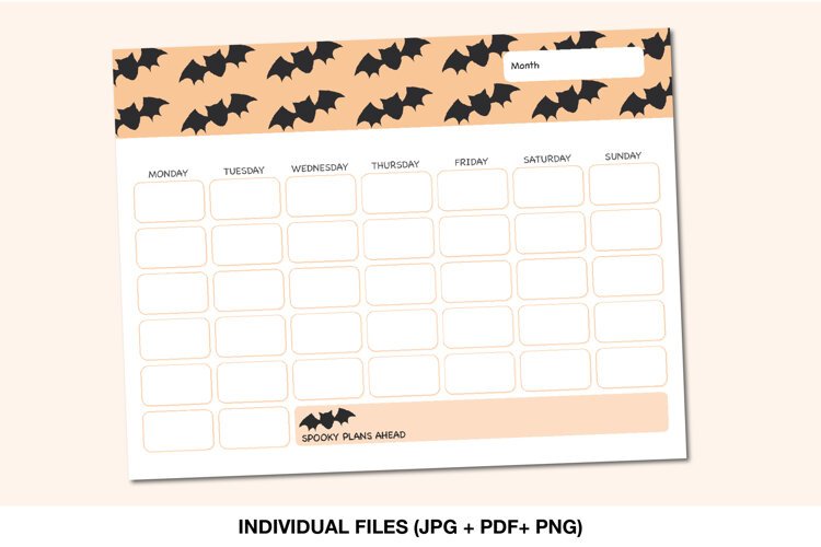 Printable undated monthly calendar with orange Halloween bat design