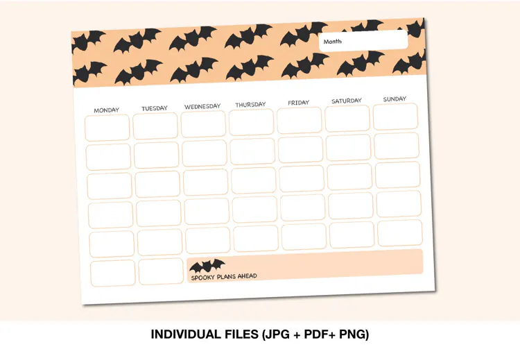 Undated Monthly Calendar Printable with Halloween Bats