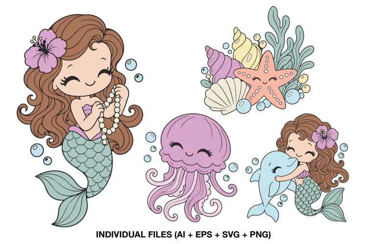 Under the Sea Clipart, Mermaid Jellyfish Dolphin Ocean