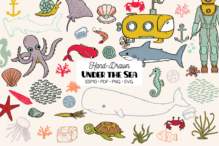 Hand-Drawn Colored Under the Sea Doodles | Ocean Life | Fish